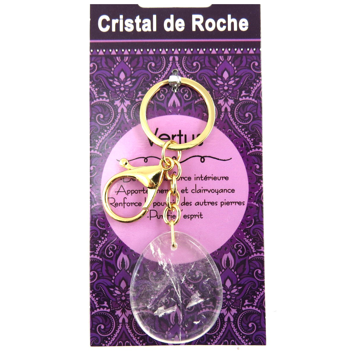 Porte-clés, bijou de sac \'Mineralia\' cristal de roche - 10 cm, pierre 40x35 mm - [Q7674]