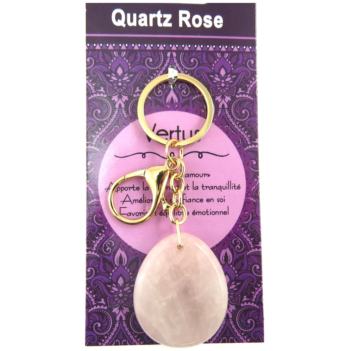 Porte-clés, bijou de sac \'Mineralia\' quartz rose - 10 cm, pierre 40x35 mm - [Q7675]