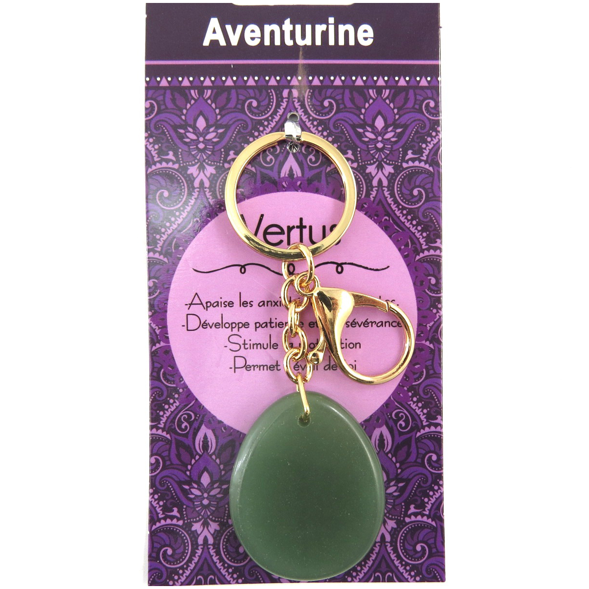 Porte-clés, bijou de sac \'Mineralia\' vert aventurine - 10 cm, pierre 40x35 mm - [Q7676]