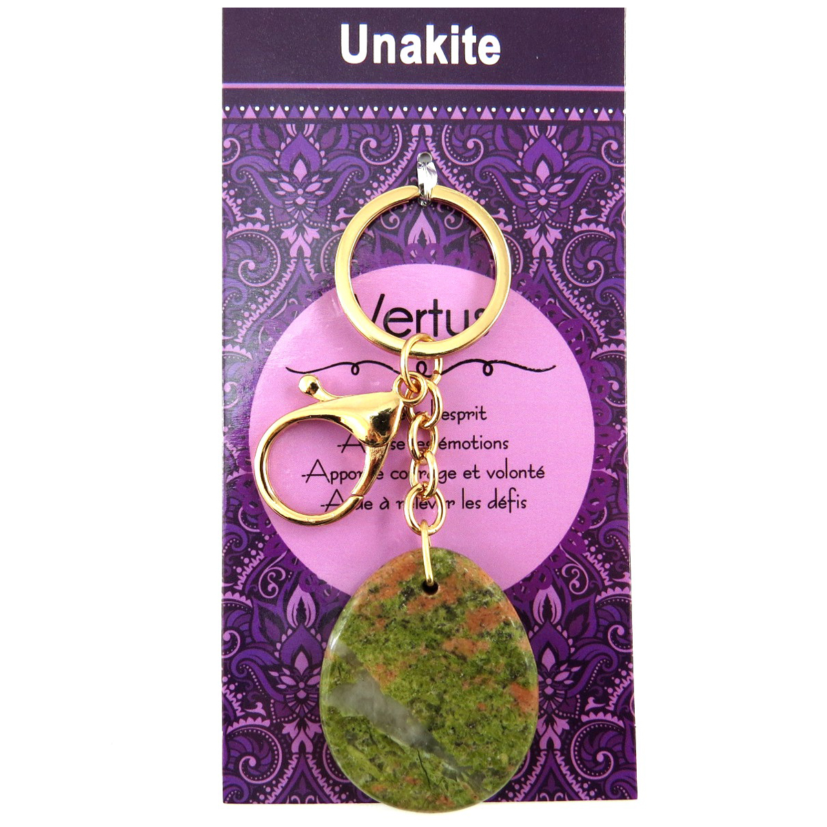 Porte-clés, bijou de sac \'Mineralia\' vert unakite - 10 cm, pierre 40x35 mm - [Q7677]