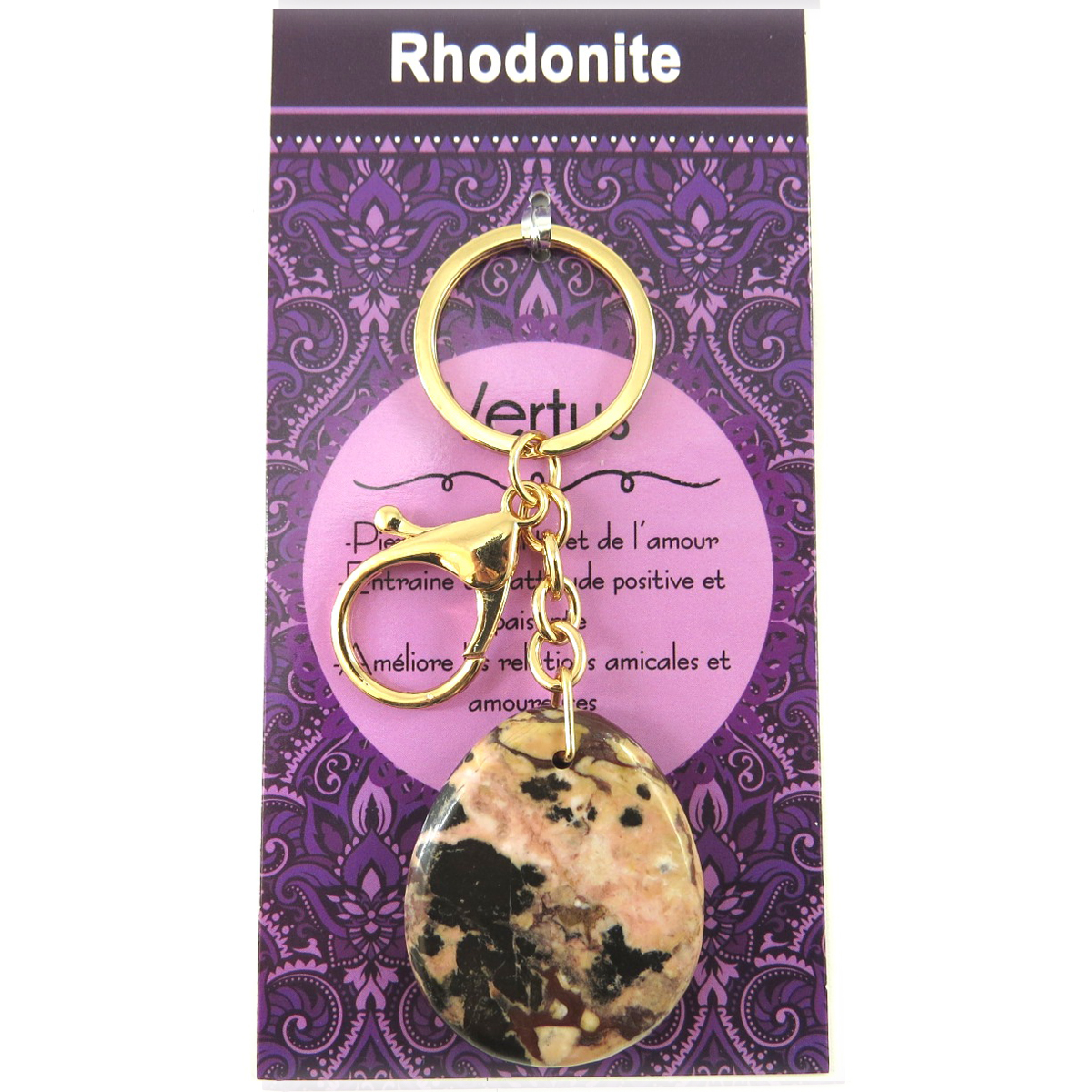 Porte-clés, bijou de sac \'Mineralia\' rhodonite - 10 cm, pierre 40x35 mm - [Q7682]
