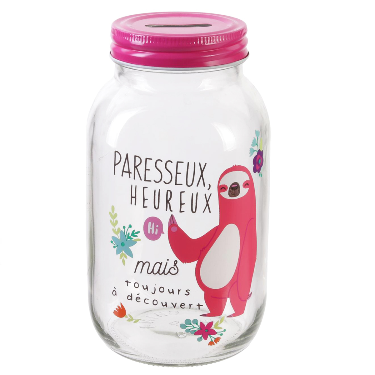 Tirelire mason jar verre \'Paresseux\' rose (Paresseux heureux mais toujours à découvert) - 17x95 cm - [Q7715]