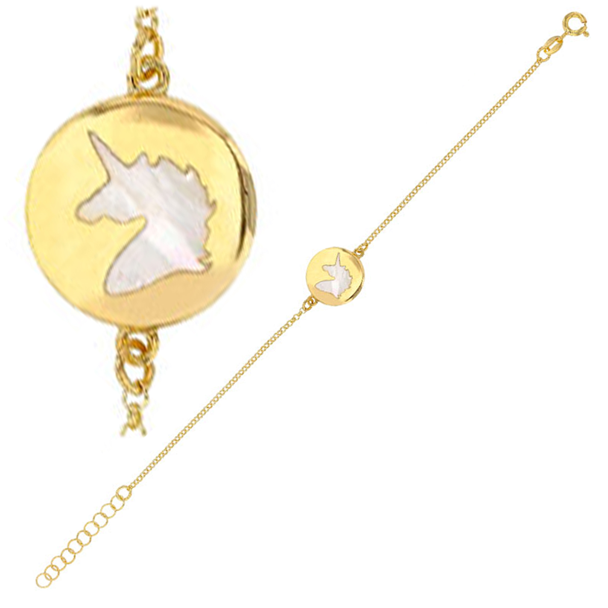 Bracelet Argent artisanal \'Licorne My Unicorn\' nacre doré (rhodié) - 14x14 mm - [R0413]