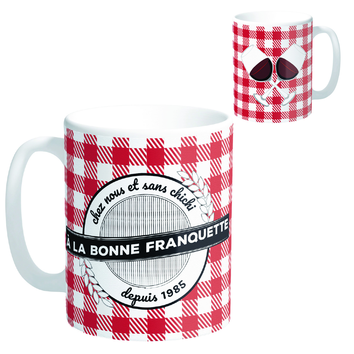 Mug céramique \'Messages\'  carreaux rouges (A la bonne Franquette - chez nous et sans chichi depuis 1985 !) - 95x80 mm - [R0666]