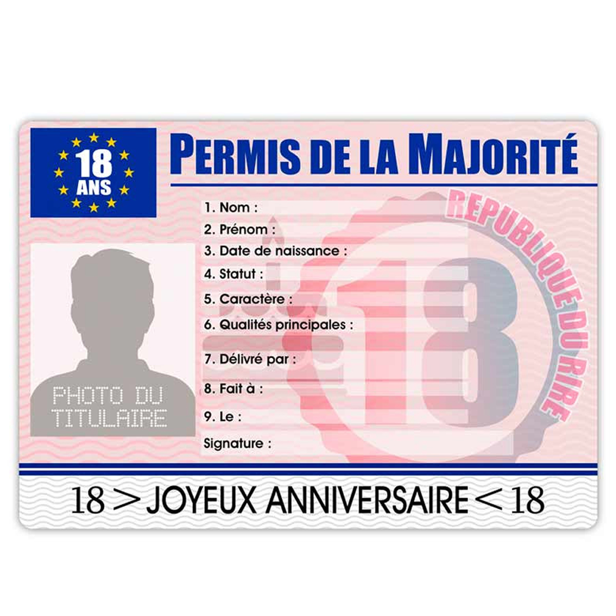 Carte Permis Europeen Permis De La Majorite 18 Ans Homme 22x155 Cm R2169