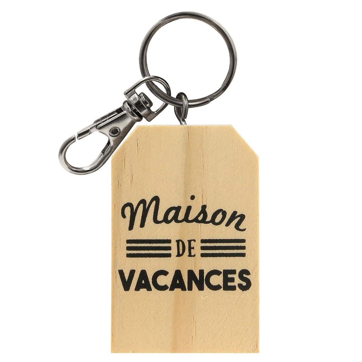 Porte-clés bois \'Famille\' beige (Maison de Vacances) - 6x4 cm - [R2365]