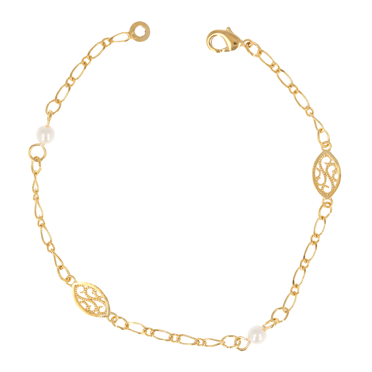 Bracelet Plaqué Or \'Carmen\' blanc doré - 10x7 mm et perles 4 mm - [R3137]