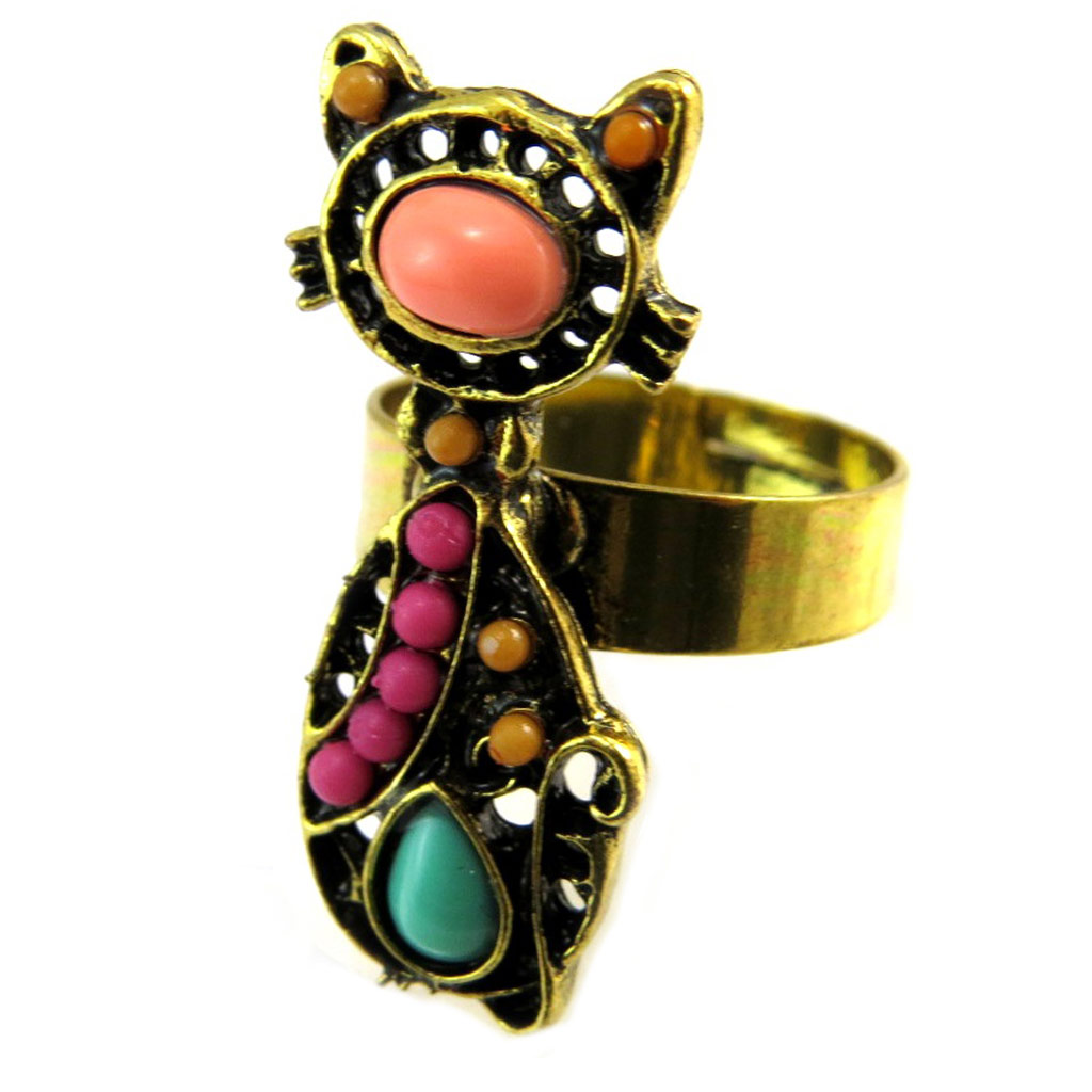 Bague Créateur \'Chats\' multicolore doré - [P3622]