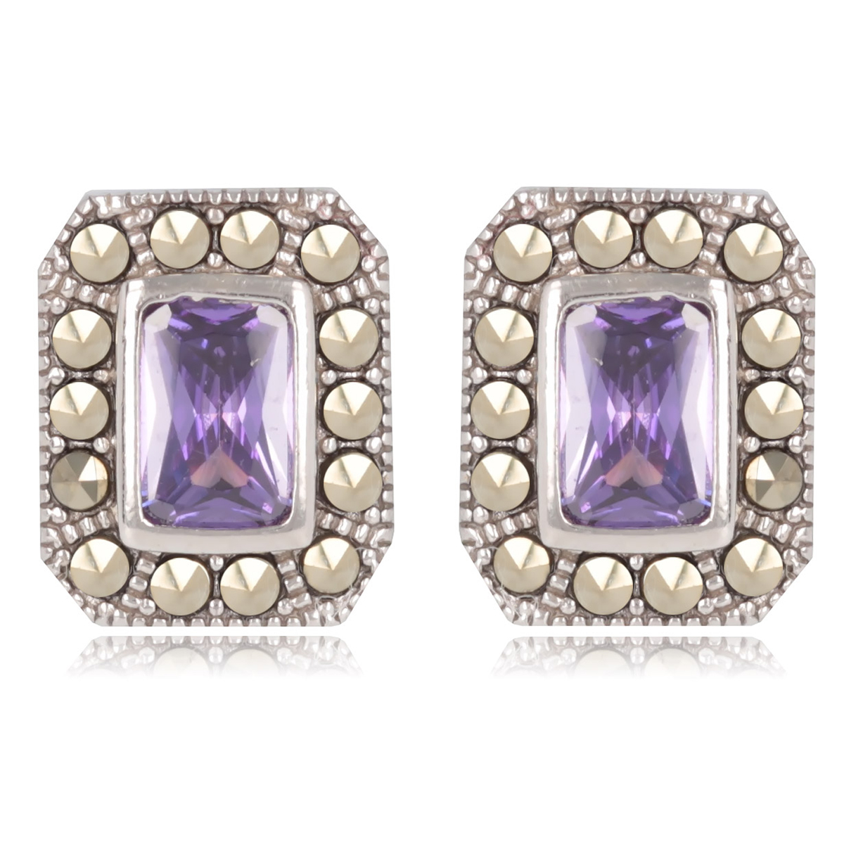 Boucles Argent \'Sappho\' violet marcassite argenté - 11x9 mm - [R1920]