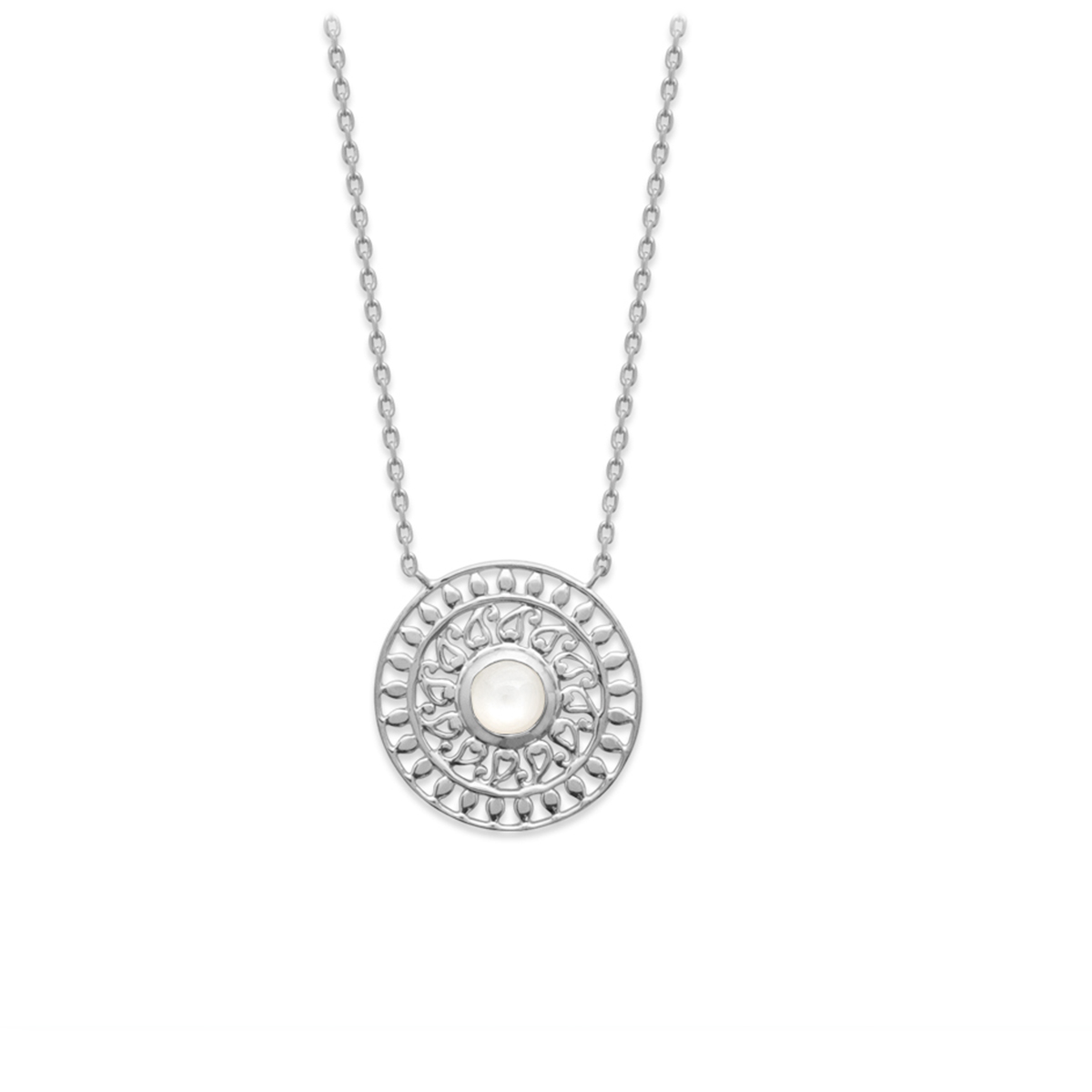 Collier argent \'Cléopatra\' pierre de lune argenté (rhodié) - 20 mm - [Q6292]