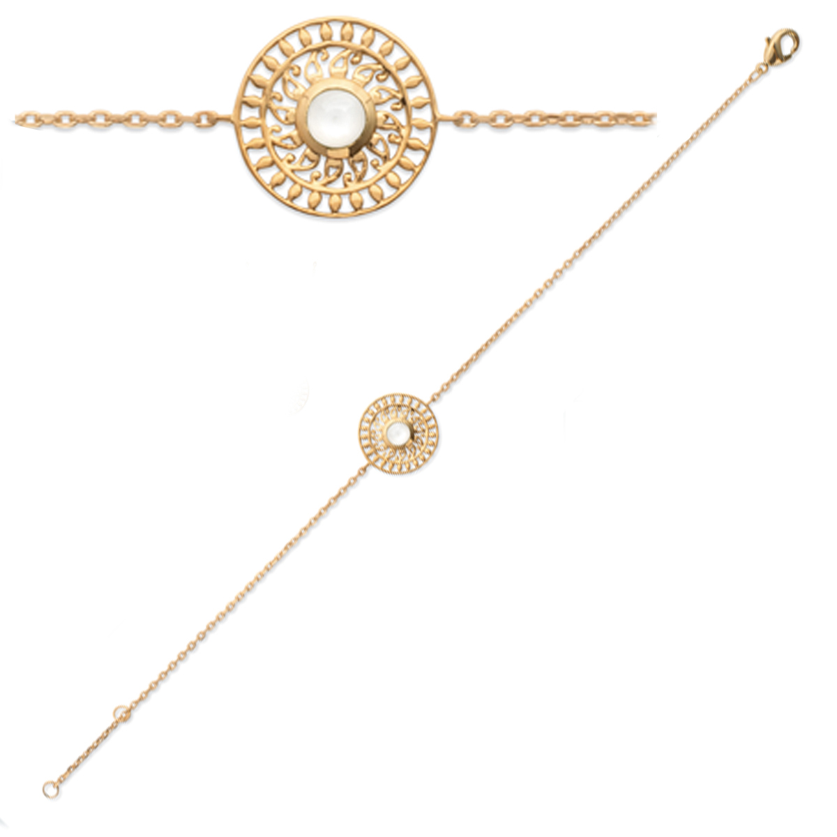 Bracelet Plaqué Or \'Cléopatra\' pierre de lune doré - 18 cm 13 mm - [Q6300]