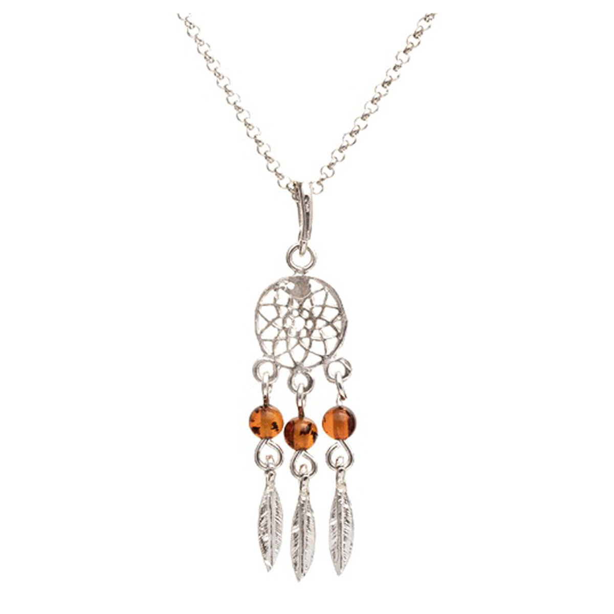 Collier argent artisanal \'Inspiration\' Ambre (rhodié) - 35x12 mm (dreamcatcher) - [R0782]