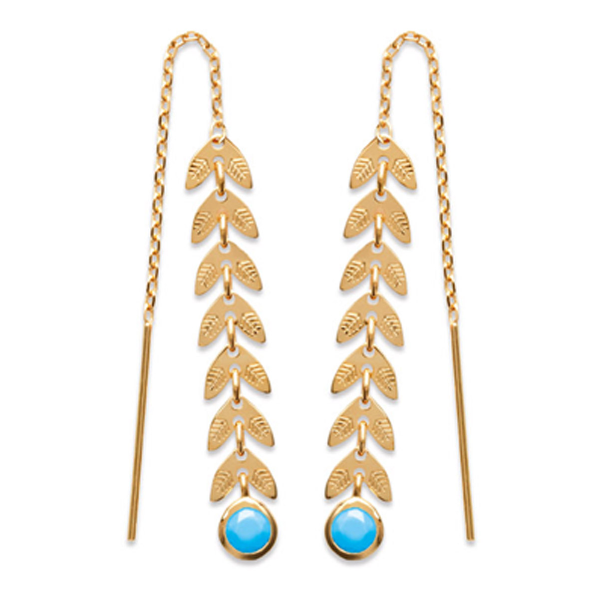 Boucles plaqué or \'Epi de blé\' turquoise doré - 35x5 mm - [P5623]