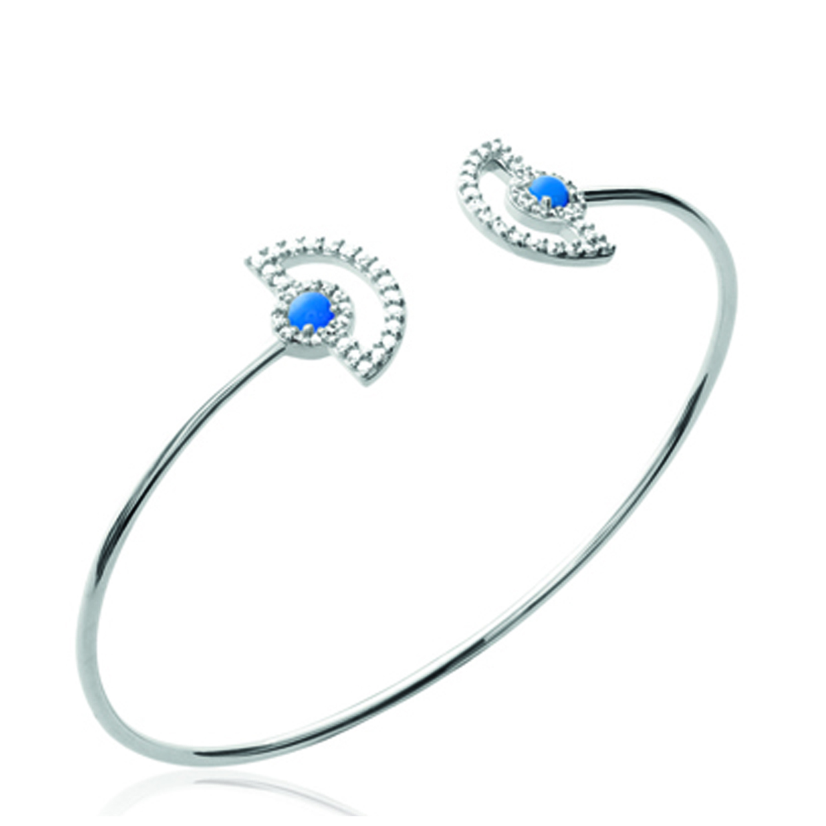 Bracelet argent ouvert \'Princesse Opale\' bleu blanc argenté (rhodié) - 58 mm, 13x8 mm - [P0178]