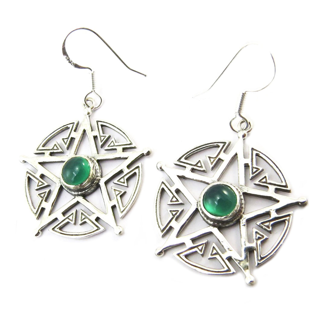 Boucles Argent \'Pentacle\' vert argenté - 25 mm - [P3748]