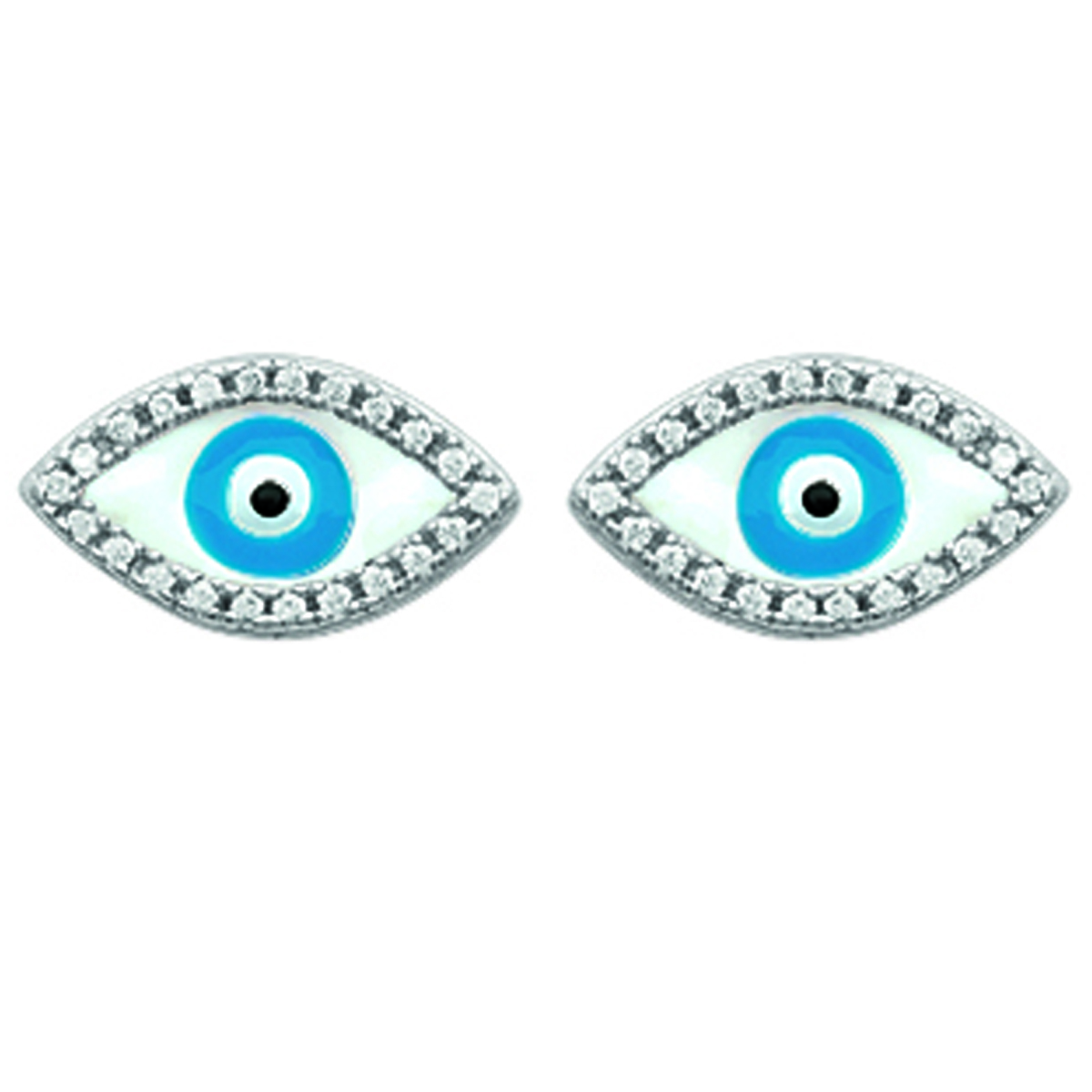 Boucles Argent \'Oeil de Fatma\' bleu blanc (rhodié) - 12x7 mm - [N2906]