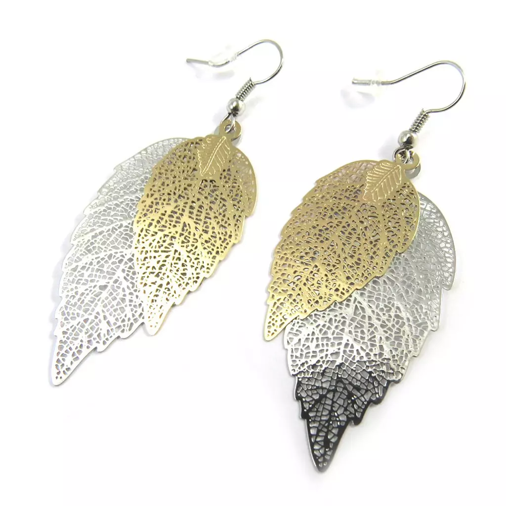les trésors de lily Boucles 'Feuille d'Or' doré argenté [N3150]