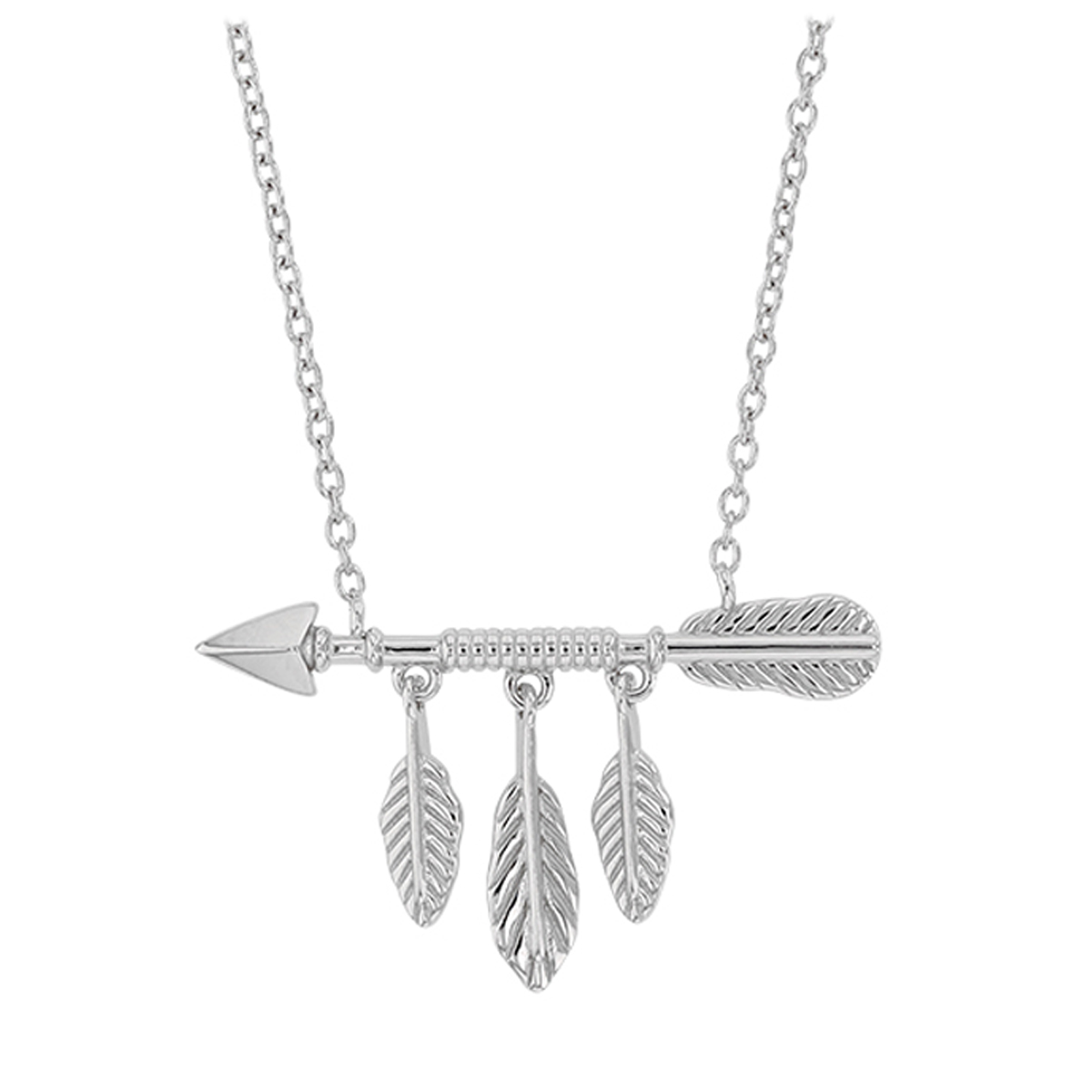 Collier argent \'Boho\' argenté rhodié (flèche, plumes) - 27x17 mm - [Q3339]