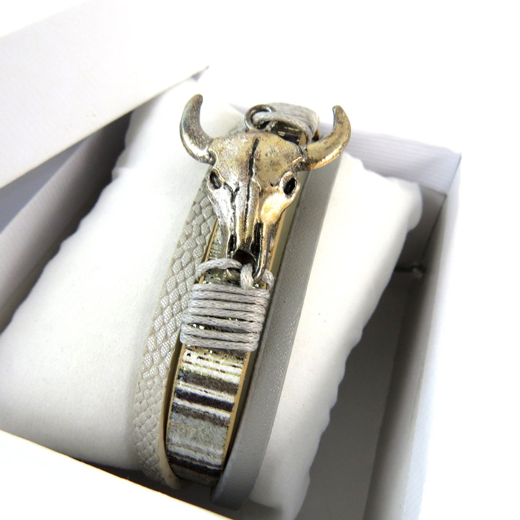 Bracelet créateur \'Navajos\' gris vintage (crâne de bison) - 3 rangs - [P0270]