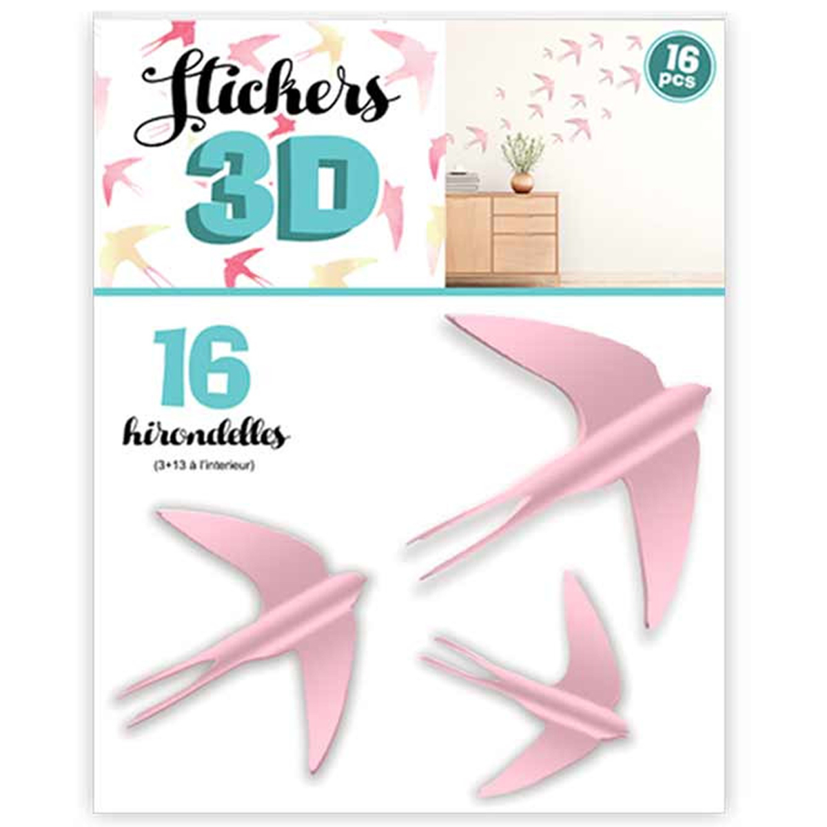16 stickers 3D \'Hirondelles\' rose - planche 30x22 cm - [Q8027]