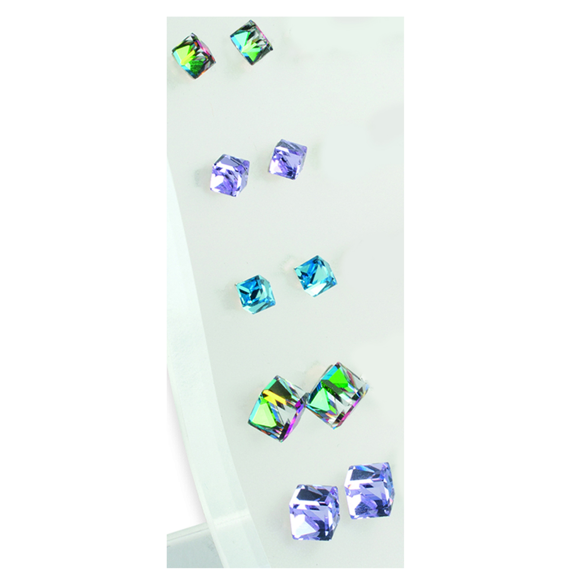 Set de 5 paires de boucles \'Cubes de Cristal\' vert bleu violet - 4 et 6 mm - [L6301]