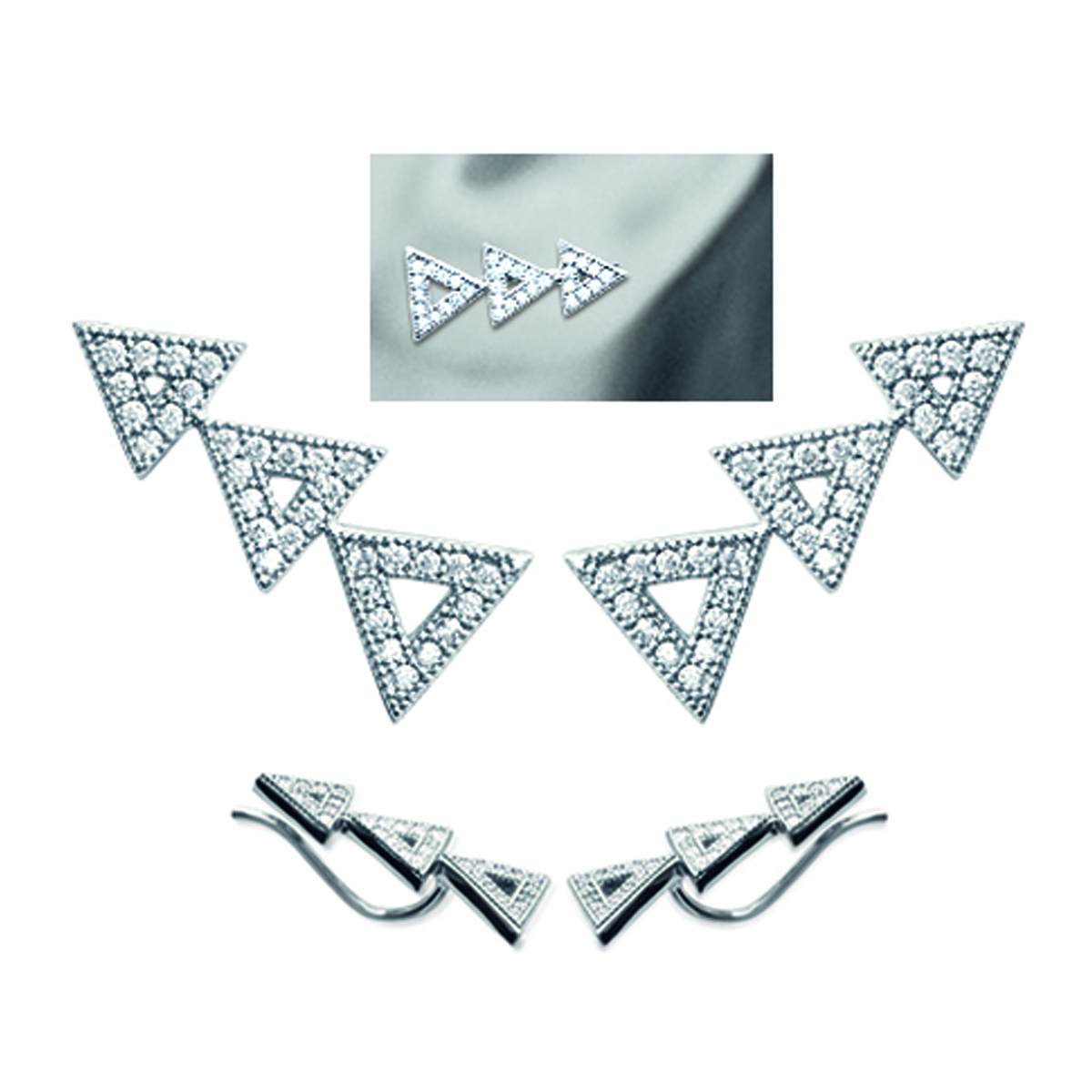 Boucles contours d\'oreilles argent \'Triangles\' blanc argenté (rhodié) - 20x9 mm - [N3995]