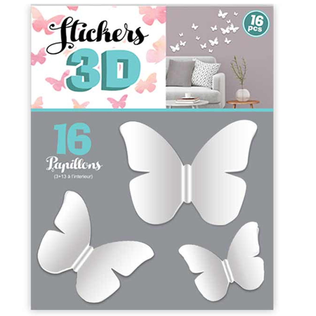 16 stickers 3D \'Papillons\' blanc - planche 30x22 cm - [Q8028]