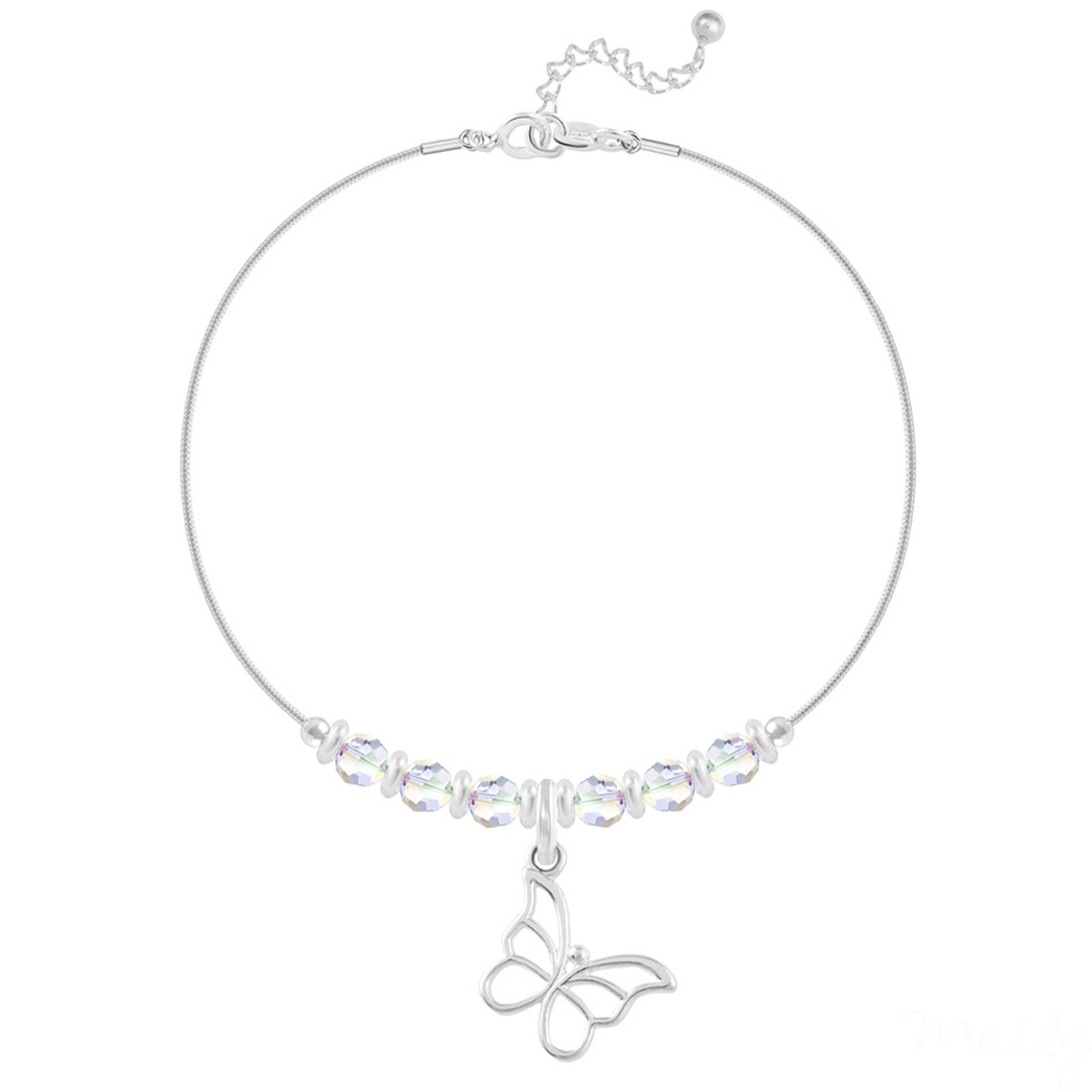 Bracelet argent artisanal \'Sissi\' blanc boréal argenté - perles 4 mm , papillon 15x11 mm - [R1004]