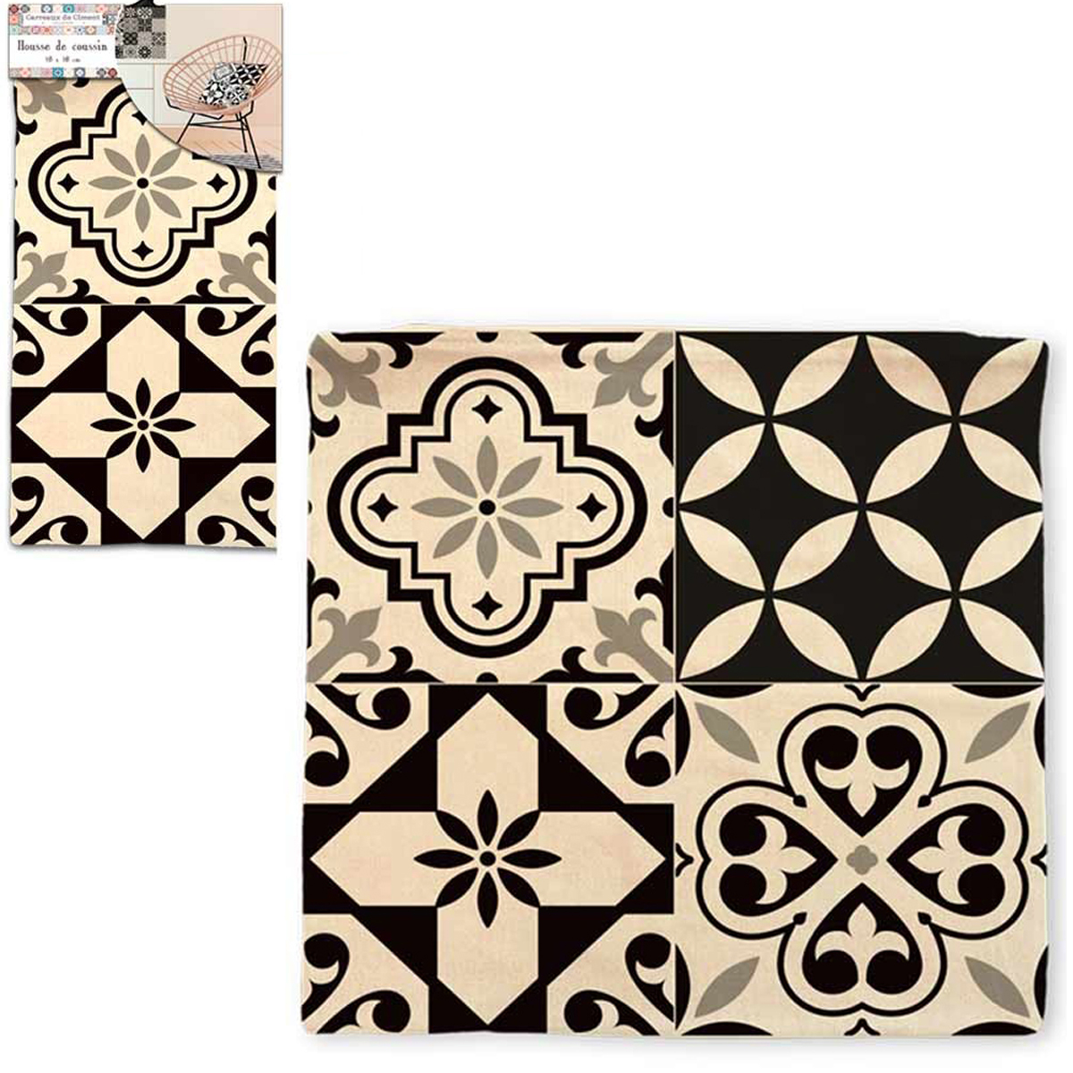 Housse de coussin coton \'Boho\' beige noir (carreaux de mosaïque) - 40x40 cm - [Q2182]