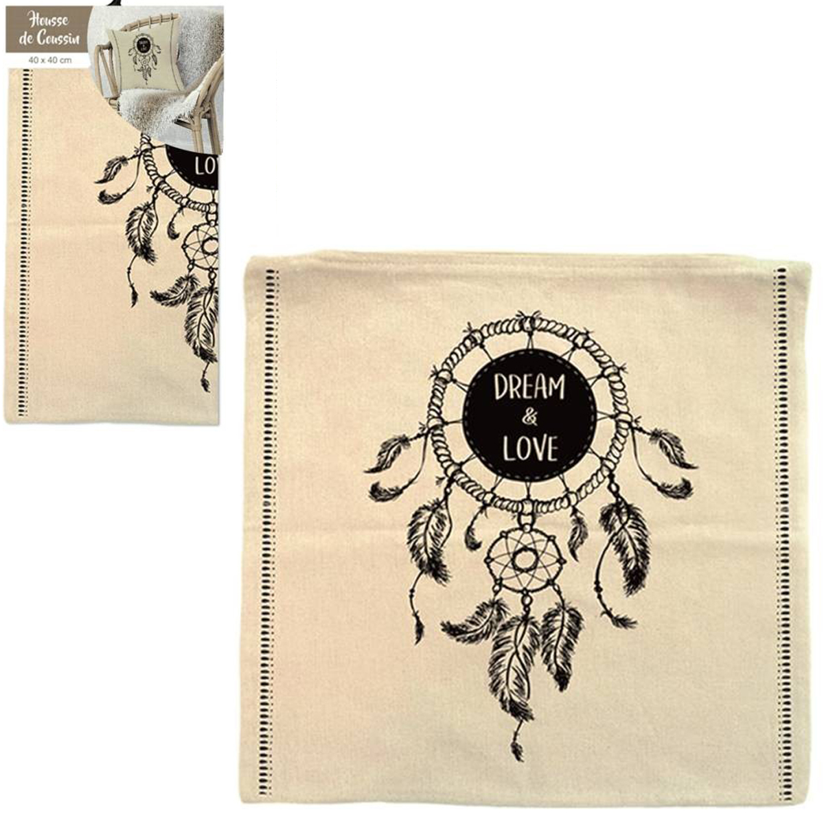 Housse de coussin coton \'Boho\' beige noir (dream & love, dreamcatcher) - 40x40 cm - [Q2187]