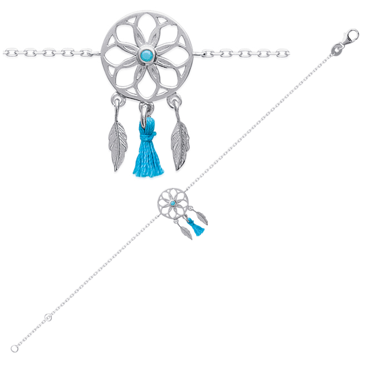 Bracelet Argent \'Navajos\' turquoise argenté (rhodié) dreamcatcher - 20x11 mm - [P1961]