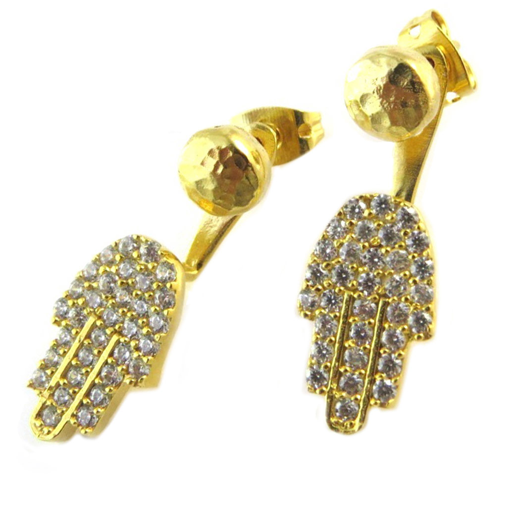 Boucles d\'oreilles / contours de lobes artisanales plaqué or \'Princesse Ottomane\' blanc doré (main de fatma) -  13 mm - [P2246]