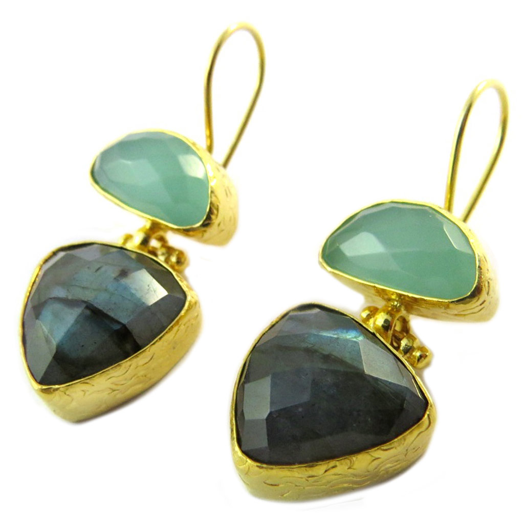 Dormeuses artisanales plaqué or \'Princesse Ottomane\' gris vert doré -  28x15 mm - [P2253]