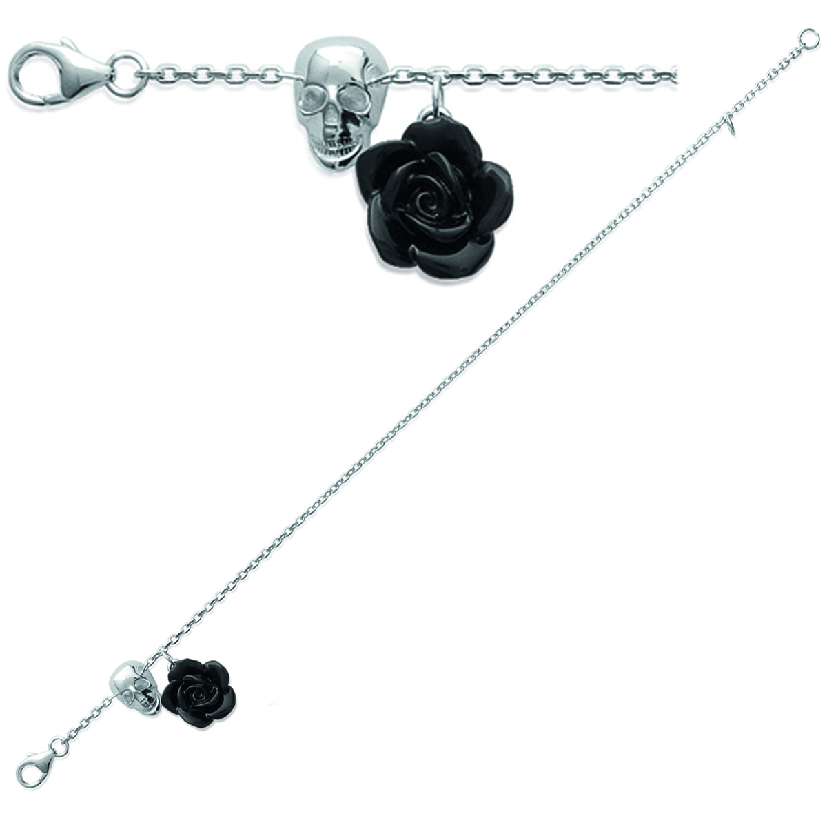 Bracelet Argent \'Tête de Mort\' fleur noire (rhodié) - 15x12 mm - [J0053]