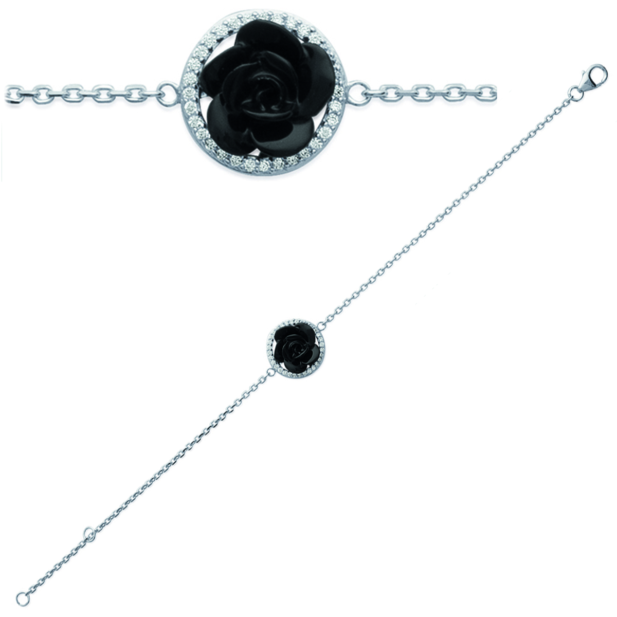 Bracelet Argent \'Rose Noire\' noir blanc (rhodié) - 15 mm - [J0832]