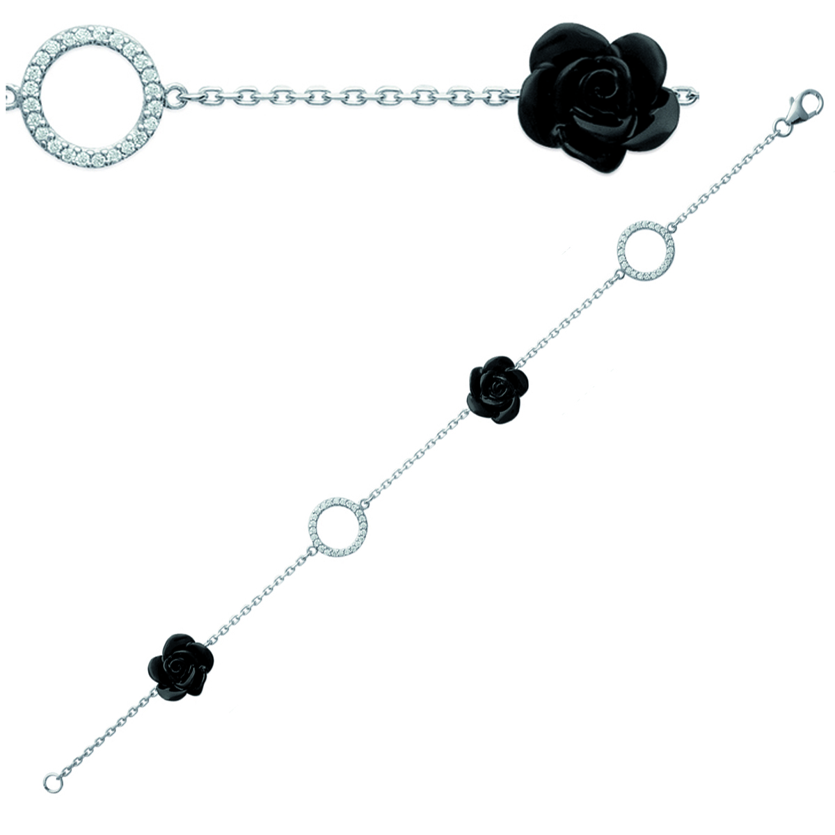 Bracelet Argent \'Rose Noire\' noir blanc (rhodié) - 10 mm - [J0833]