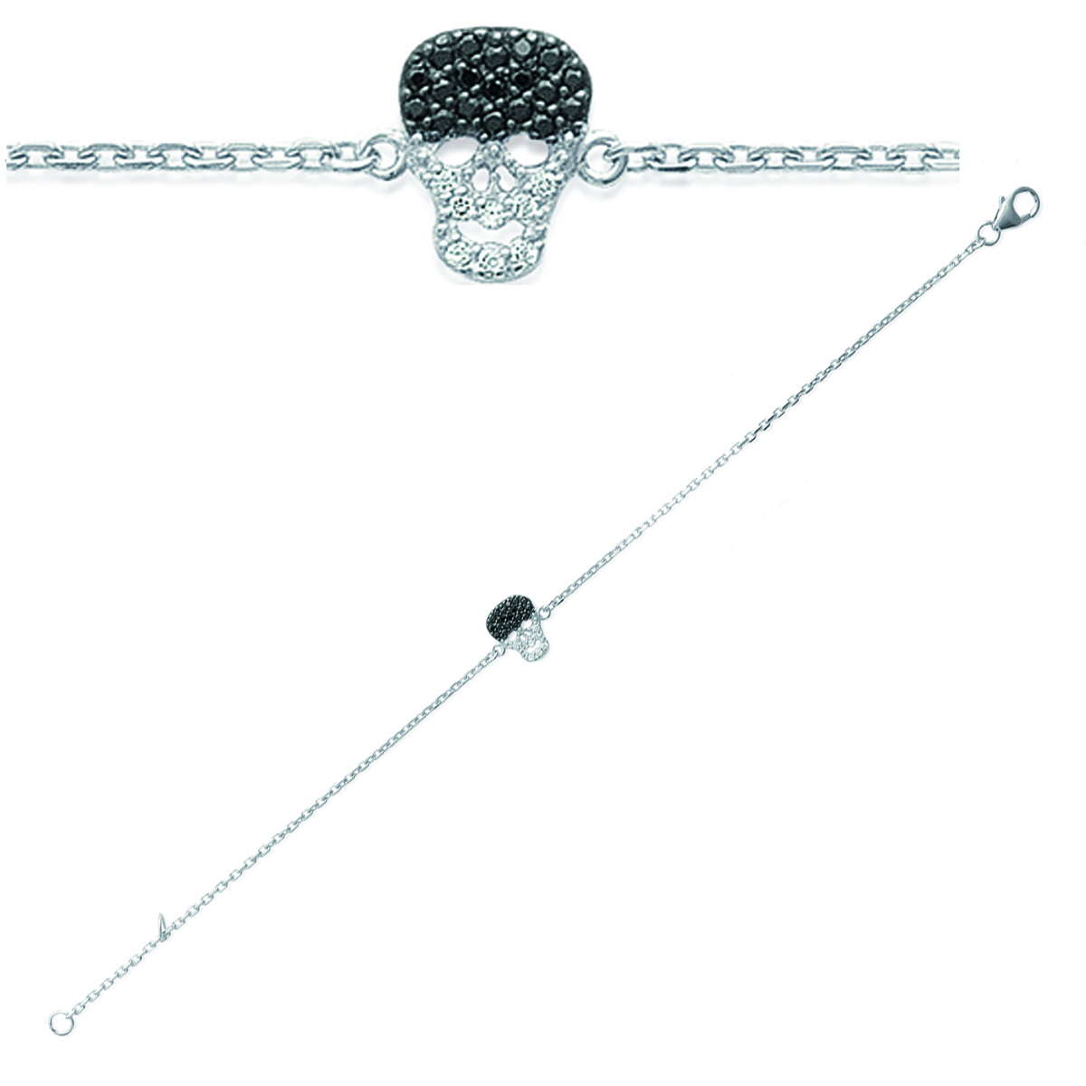 Bracelet Argent \'Tête de Mort\' noir blanc argenté (rhodié) - 10x12 mm - [J0838]