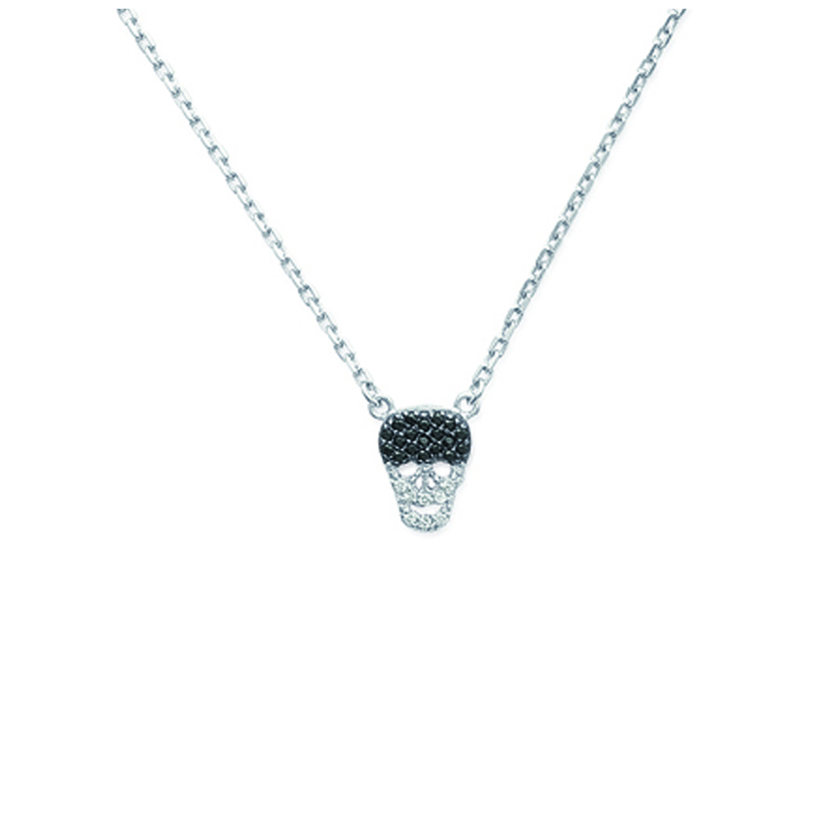 Collier Argent \'Tête de Mort\' noir blanc (rhodié) - 10x7 mm - [J0860]
