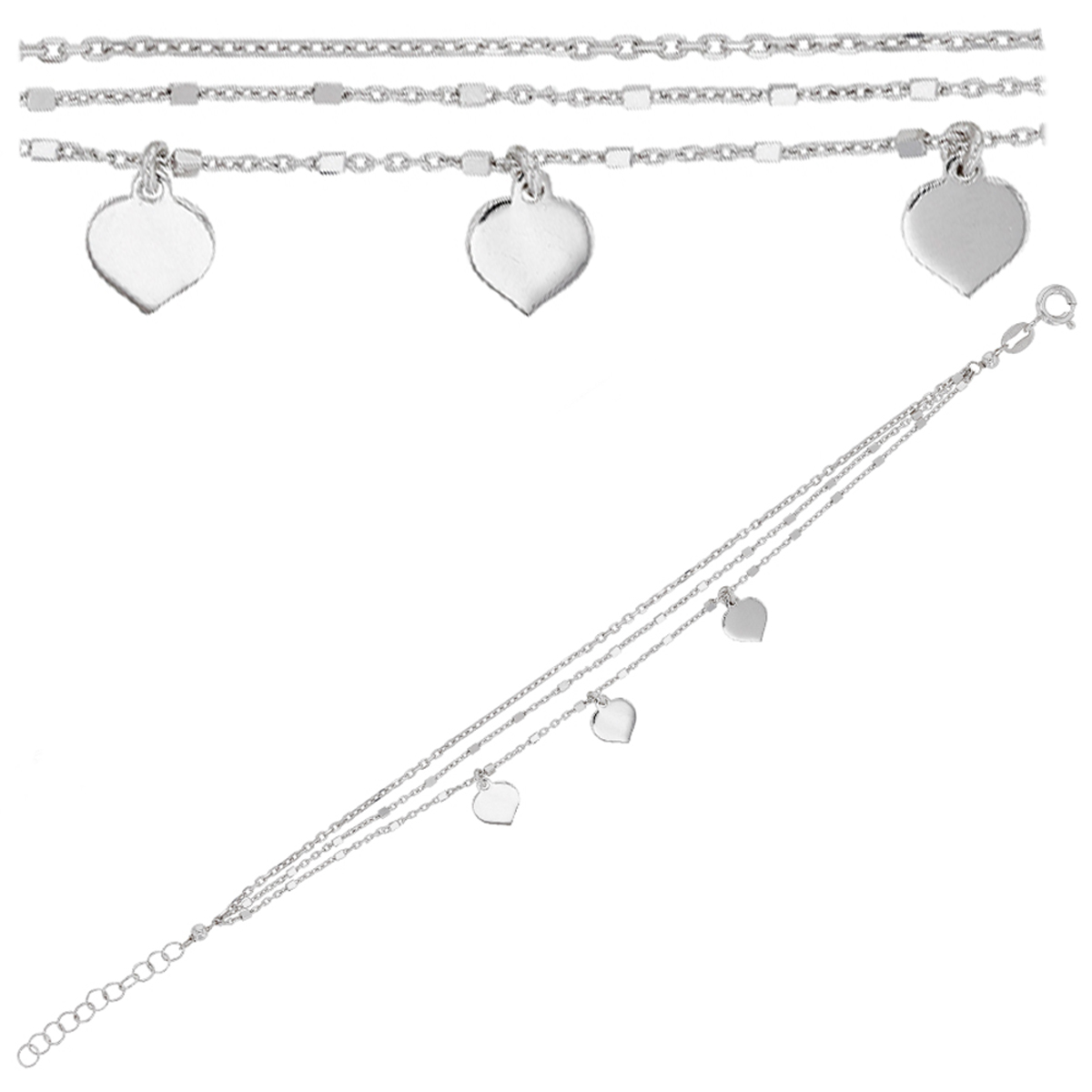 Bracelet Argent artisanal \'Love\' argenté (rhodié) - coeurs 7x7 mm (3 rangs) - [Q9357]