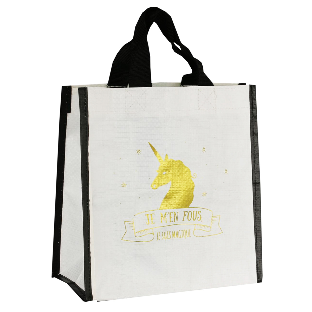 Petit sac shopping \'Licorne My Unicorn\' blanc doré (je m\'en fous, je suis Magique) - 22x22x10 cm - [Q3620]