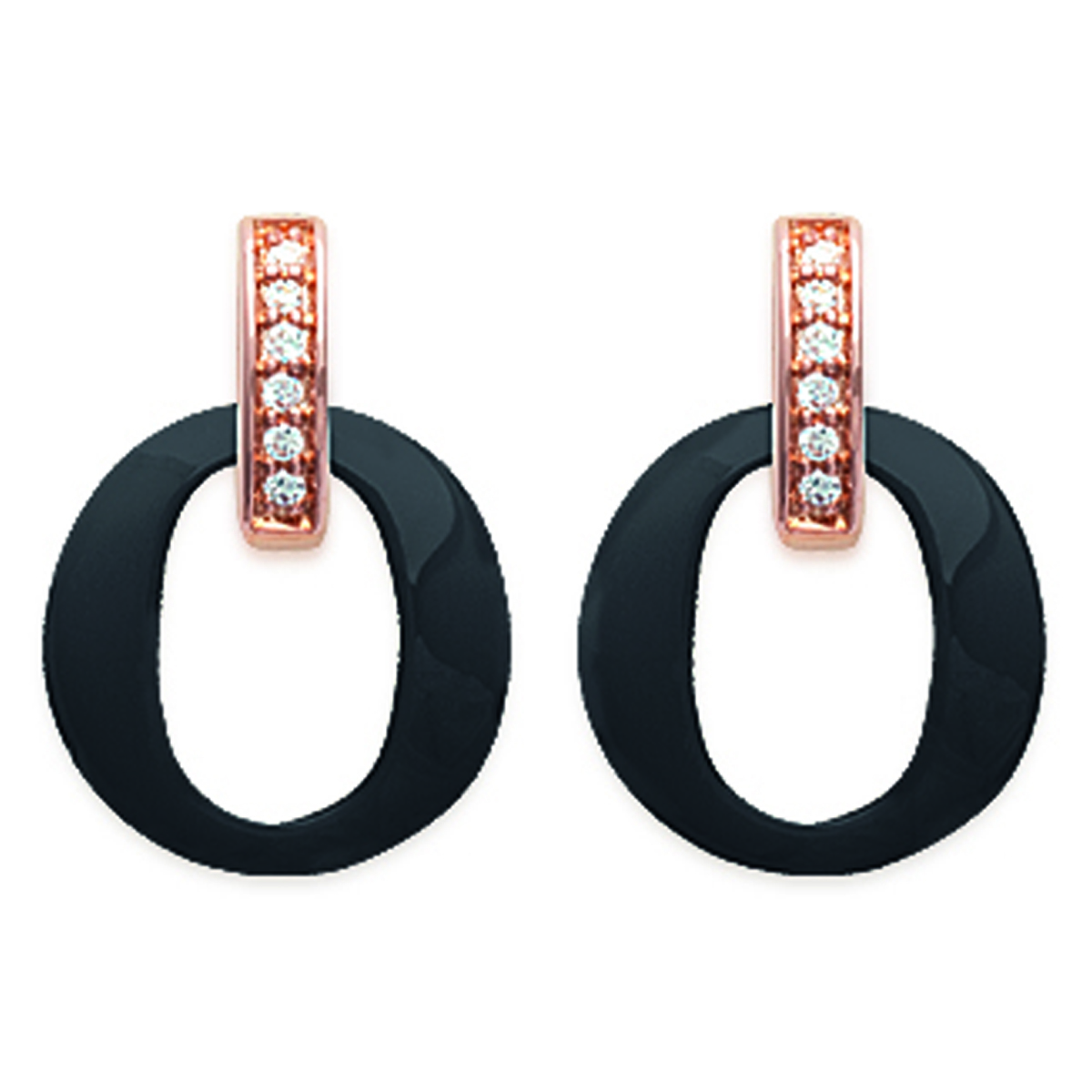Boucles Plaqué Or \'Sissi\' noir céramique rosé - 16x12 mm - [L0797]