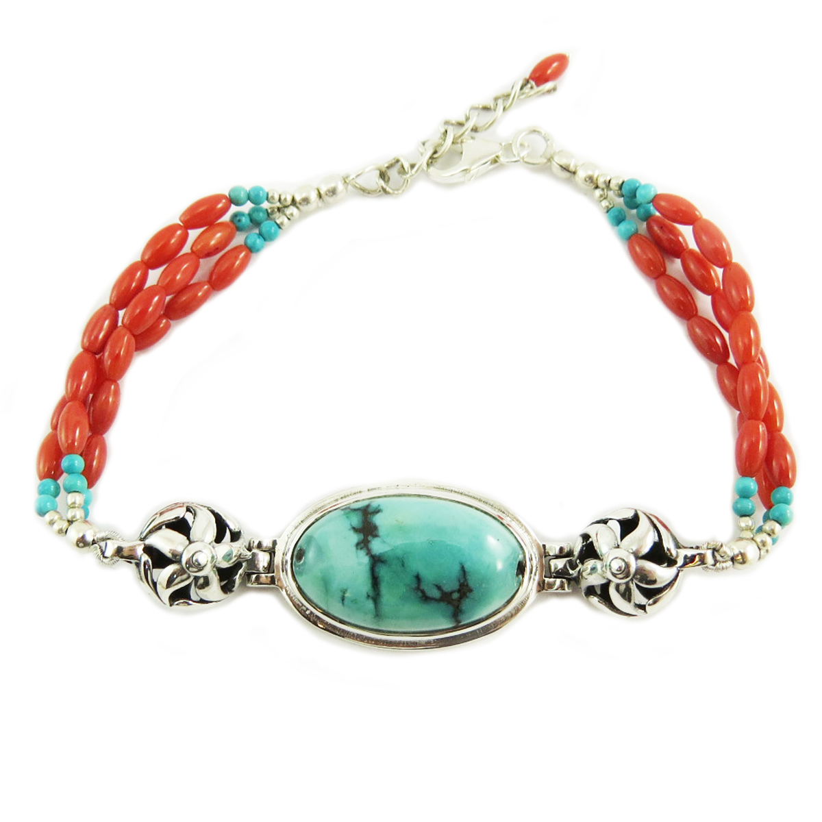 Bracelet Argent artisanal \'Heaven\' turquoise corail argenté - 27x16 mm - [Q5696]