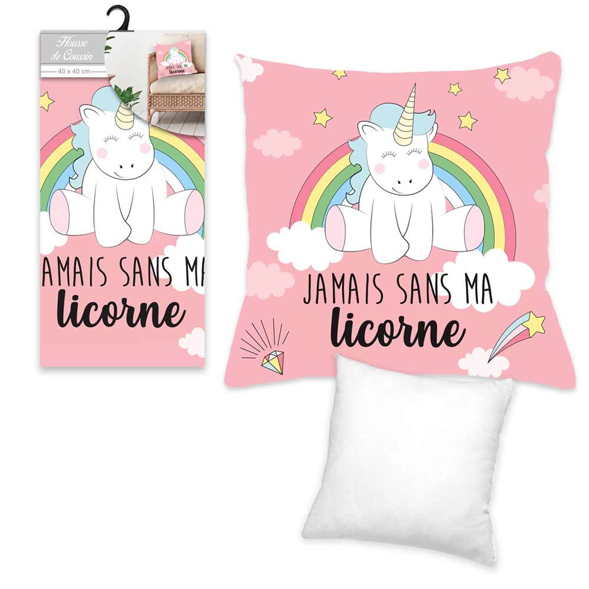 Housse de coussin créateur \'Licorne My Unicorn\' rose (Jamais sans ma licorne) - 40x40 cm - [Q5849]