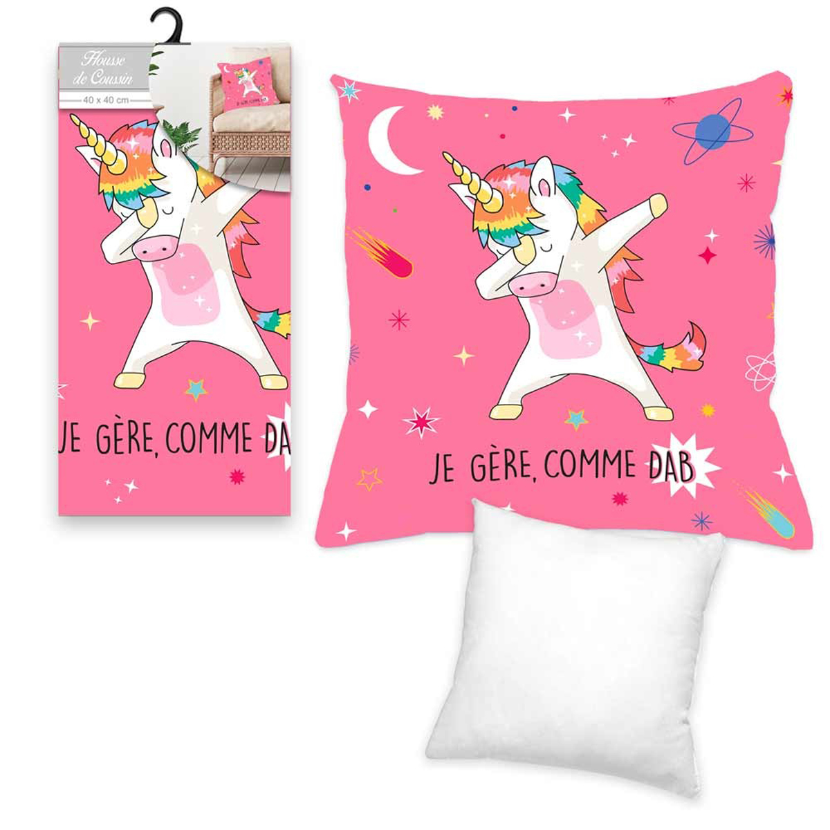 Housse de coussin créateur \'Licorne My Unicorn\' rose (Je gère, comme Dab) - 40x40 cm - [Q5850]