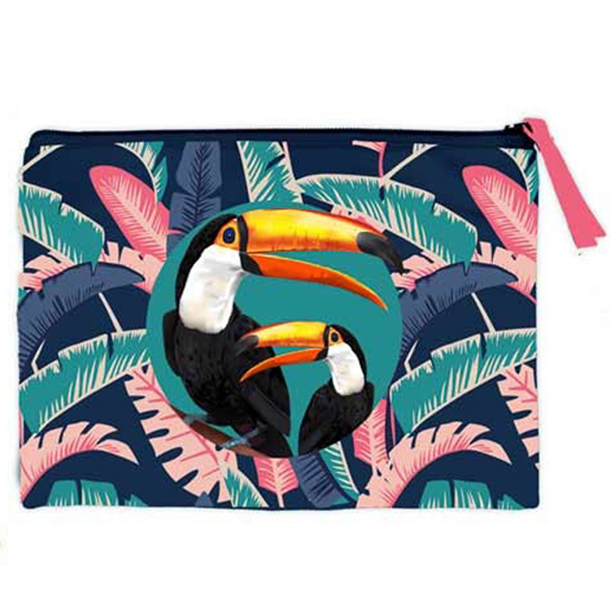 Trousse plate \'Tropical\' bleu rose (toucans) - 24x185 cm - [Q5930]