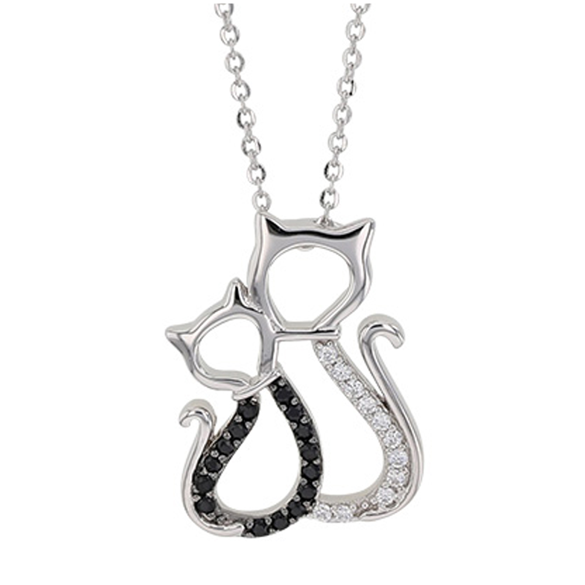 Collier Argent artisanal \'Couple Chats\' noir blanc argenté (rhodié) - 20x15 mm - [Q9386]