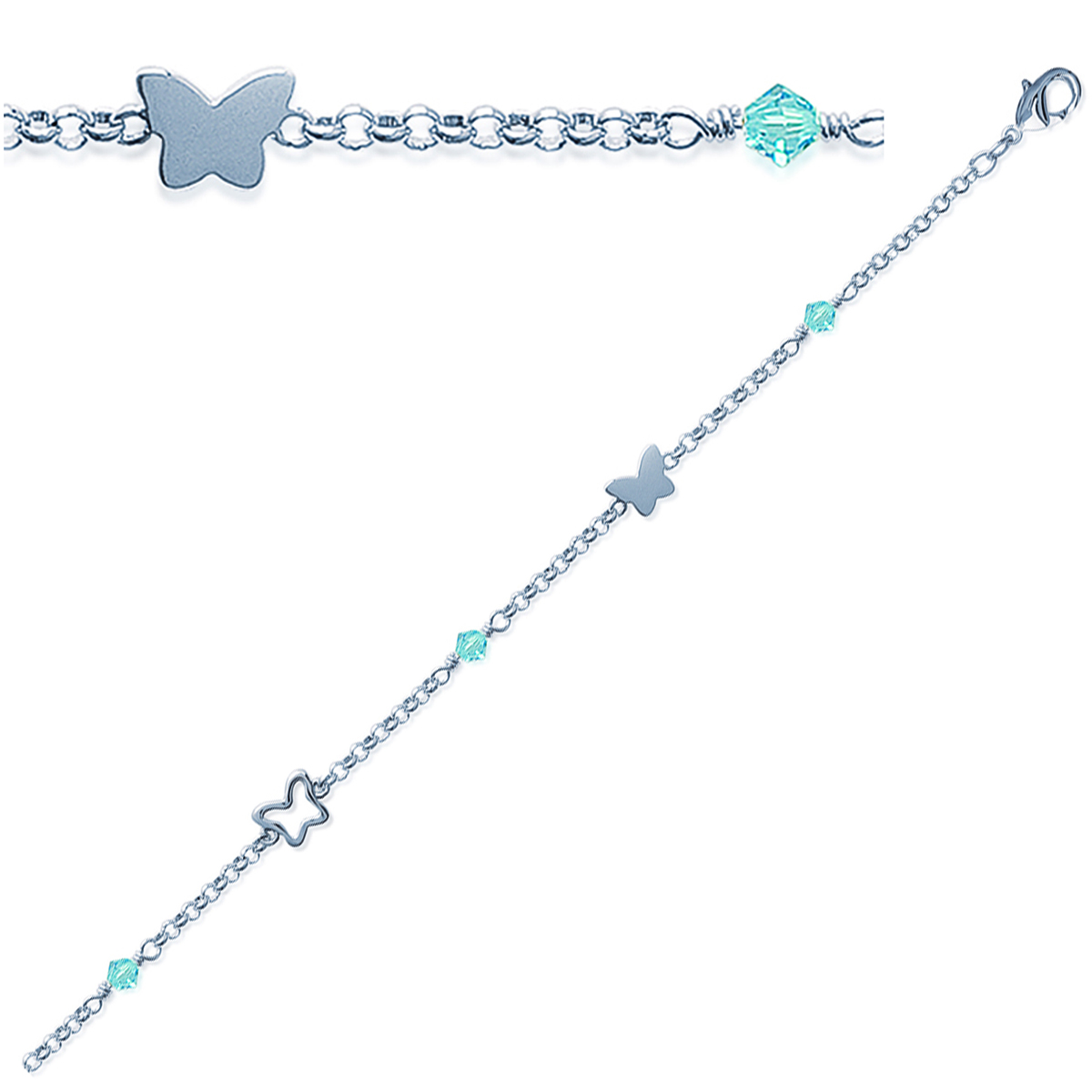 Bracelet Argent \'Ronde de Papillons\' turquoise argenté - 8x5 mm - [G6313]