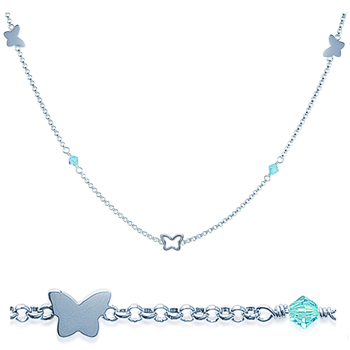 Collier Argent \'Ronde de Papillons\' turquoise argenté - 7x8 mm - [G6349]