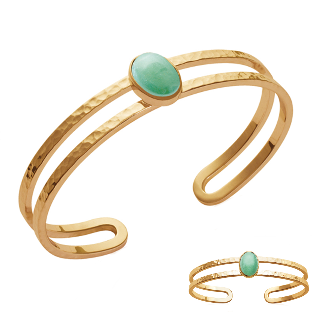 Bracelet Plaqué Or \'Cleopatra\' vert aventurine doré (martelé) - 12x9 mm - [Q3687]