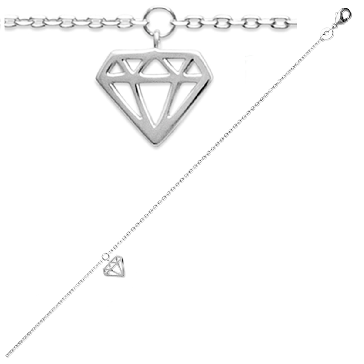 Chaine Cheville Argent \'Diamant\' argenté (rhodié) - 25 cm 10x8 mm - [Q8098]